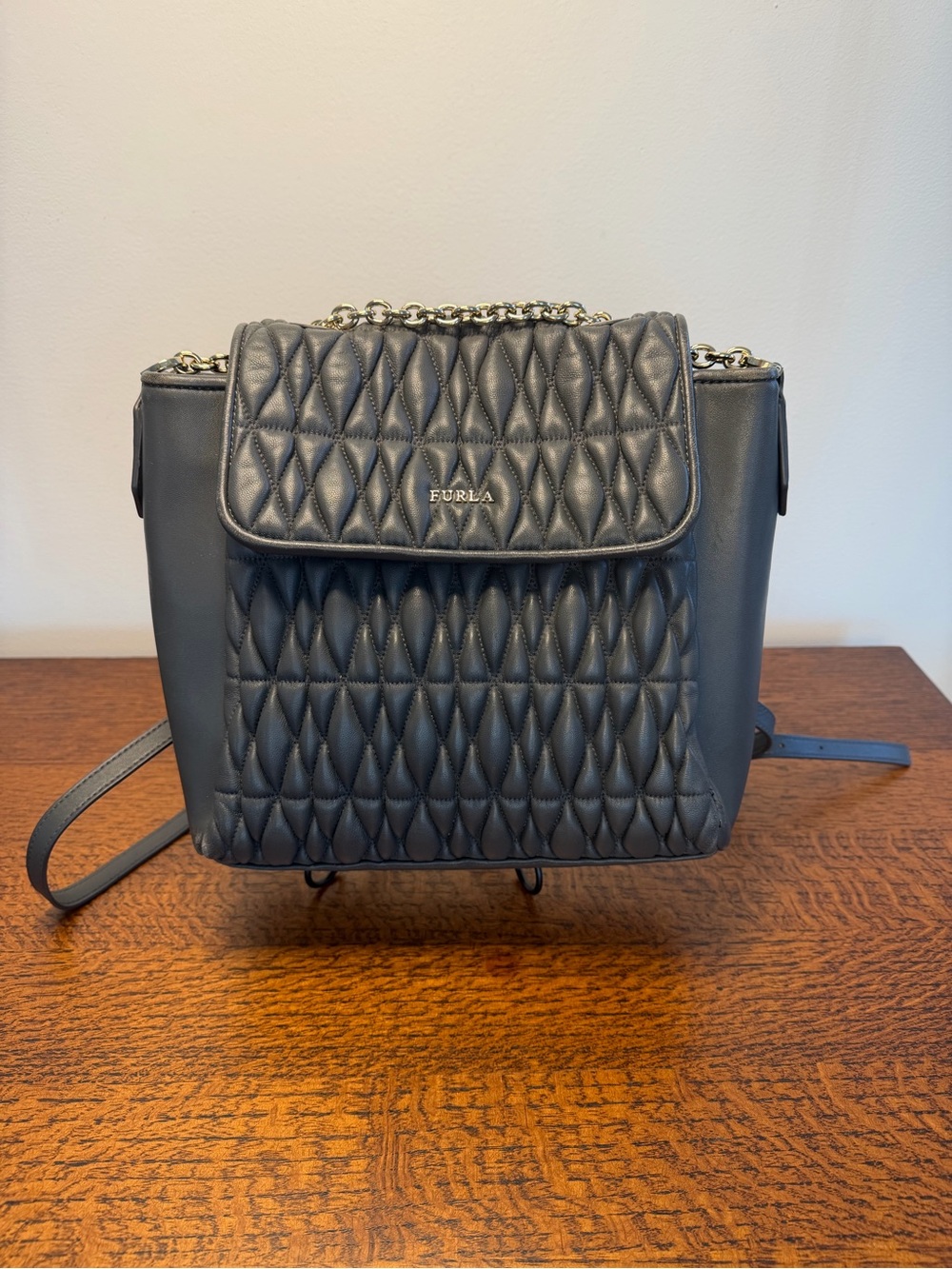 Furla Pin Cometa S Gray Quilted Leather Backpack Bag